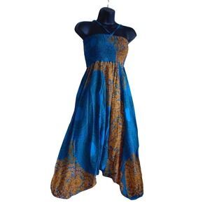India Boutique Blue Gold Mandala Print Harem Jumpsuit Pants Smocked Boho NEW